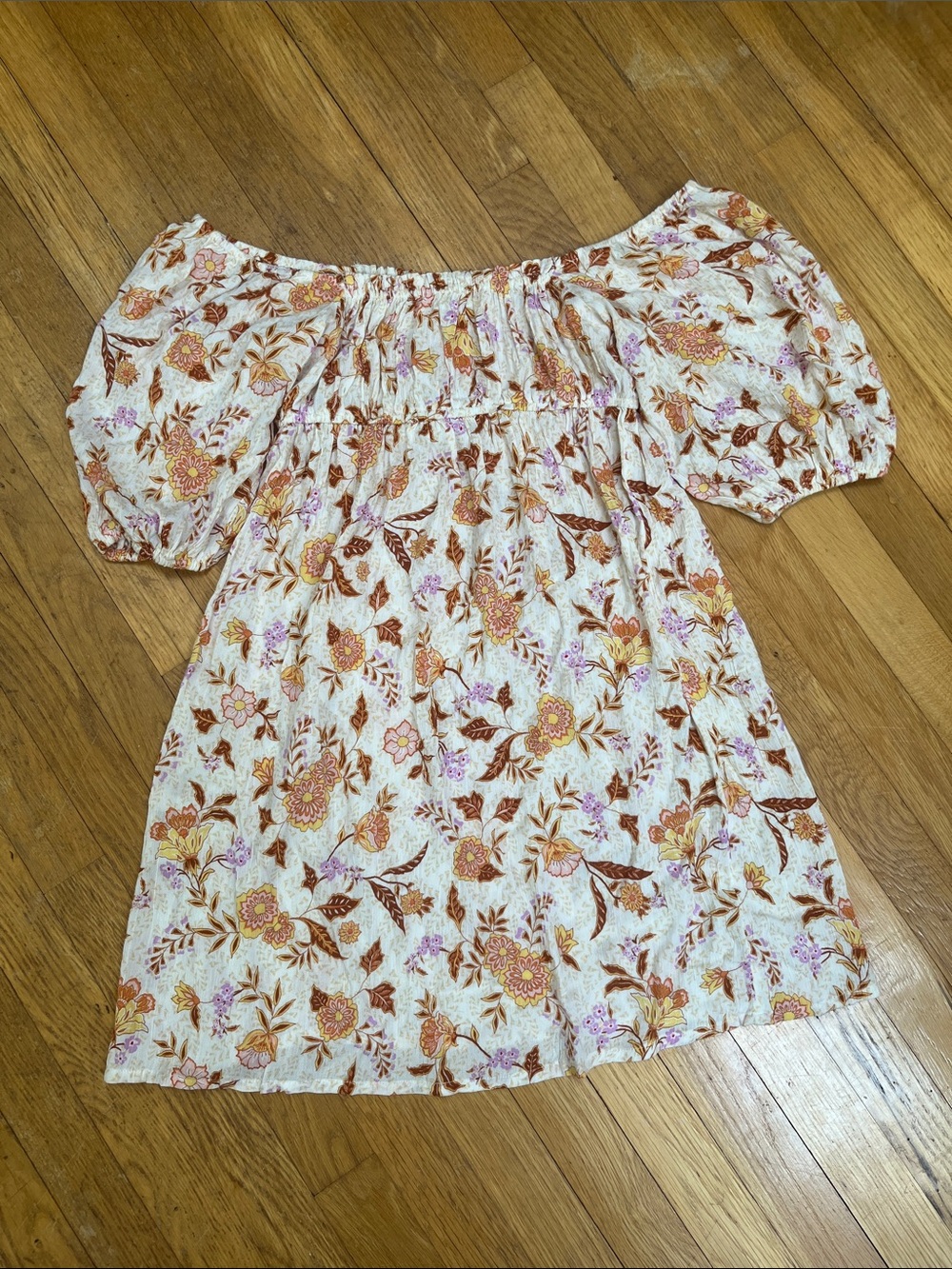 Y2K Cream Floral Off-Shoulder Top/ Mini Dress Puff Sleeve w/  Rust & Pink Blooms
